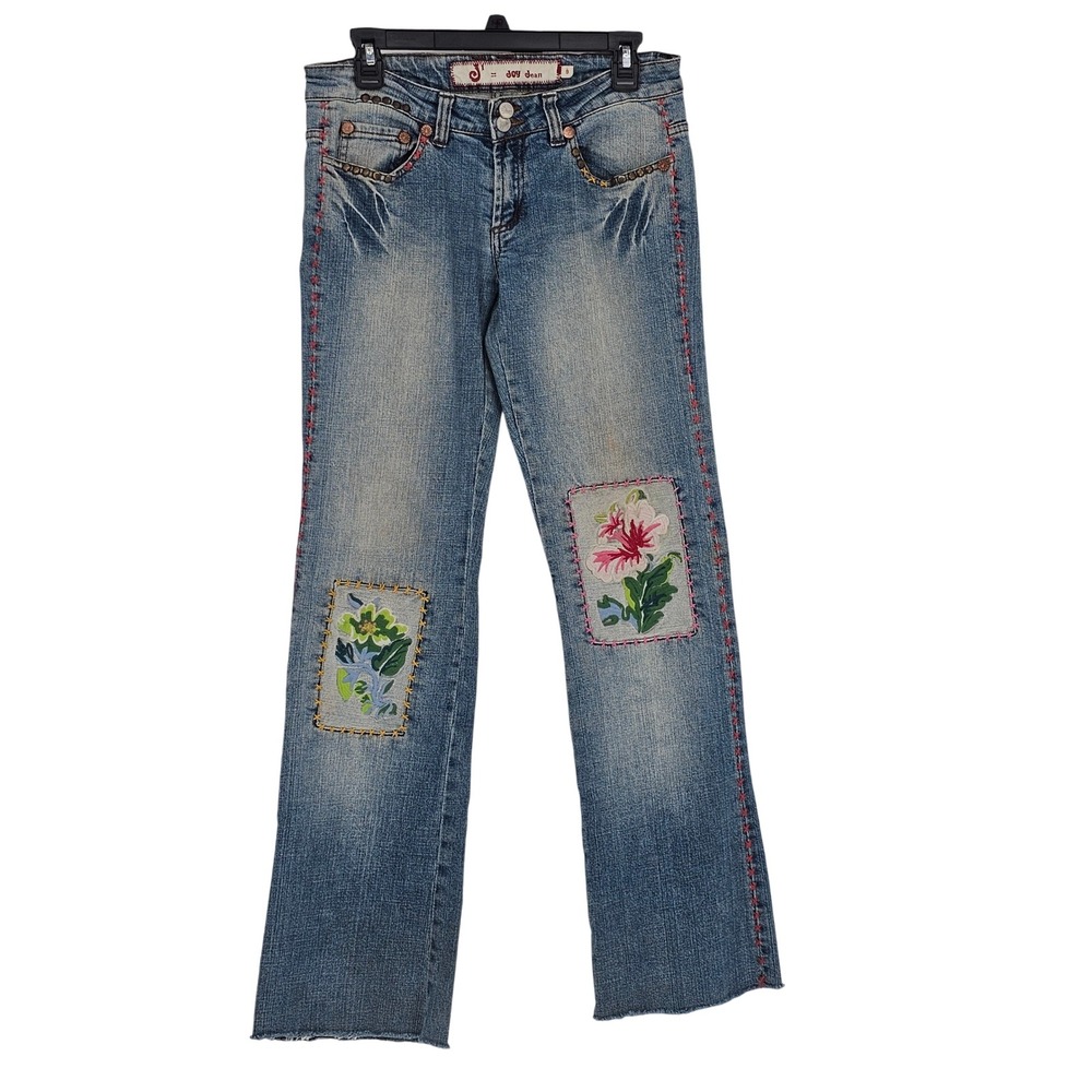 Retro Embroidered Patchwork Low Rise Jeans 30 Y2K Floral‎ Studded Straight Raw